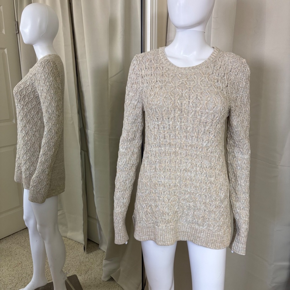 Jeanne Pierre Womens Beige Cotton Cable Knit Crewneck Sweater Small Marled Tan